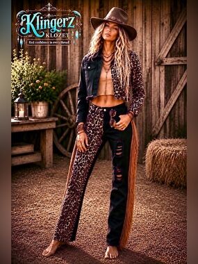 Leopard Print Fringe distressed jacket and pants set. Perfect for a concert NWT